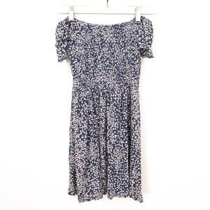 1901 Girl's Sunny Print Smocked Dress Size 7/8 Short Sleeve Blue White NEW A2